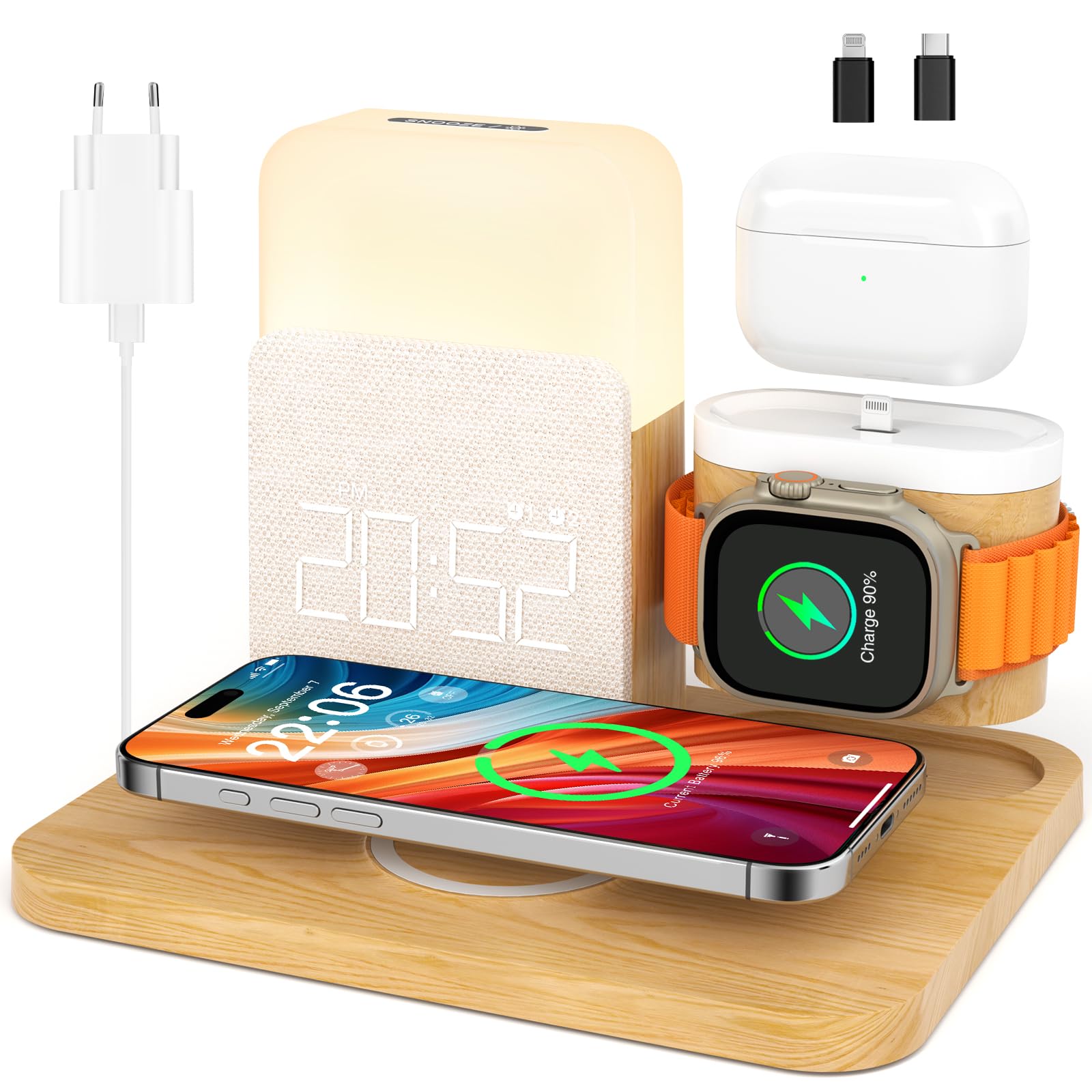 COLSUR Stacja ładująca 3 w 1 do Apple Watch iPhone Airpods, 15 W, szybka bezprzewodowa ładowarka do iPhone 17/16/15/14/13, lampka nocna z funkcją ładowania, budzik ze stacją ładującą, akcesoria do