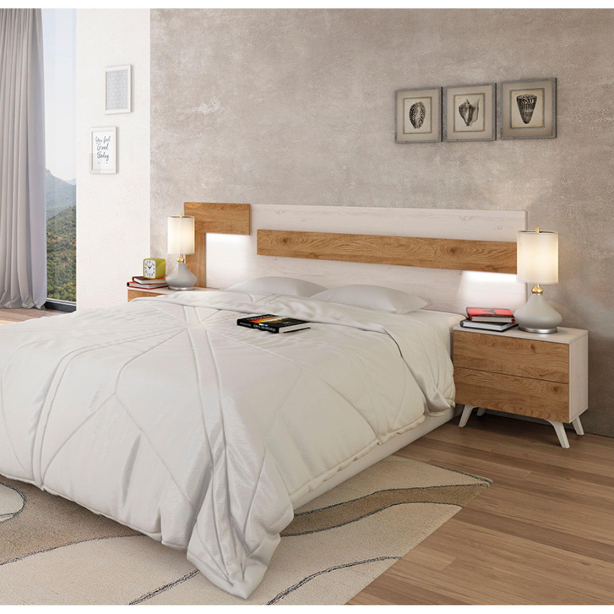 Cabecero de Matrimonio con Luces LED + 2 Mesitas de Noche – Diseño Nórdico en Blanco Veteado y Roble – Dormitorio Moderno.