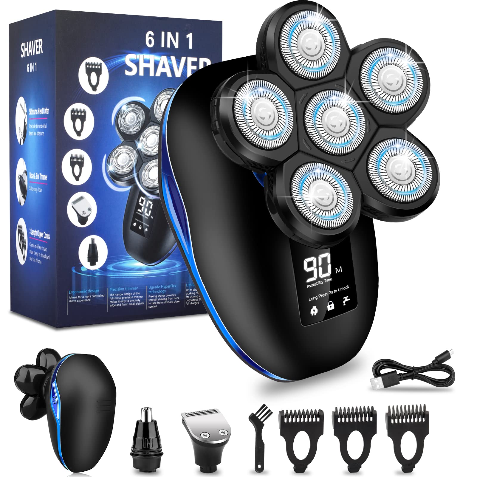 Rasoi elettrici 6D per uomo calvo, rasoio elettrico 6 in 1, IPX7, impermeabile, display a LED e ricarica rapida di tipo C