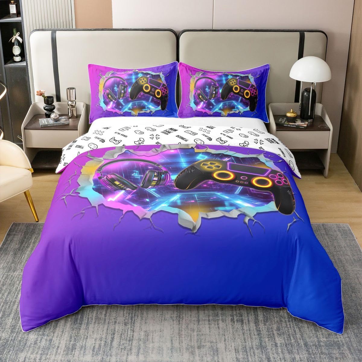 Homemissing Set di biancheria da letto in 100% cotone, per letto king size, per bambini e bambine, motivo console di videogiochi, decorazione per camera da letto, 3 pezzi, chiusura lampo e