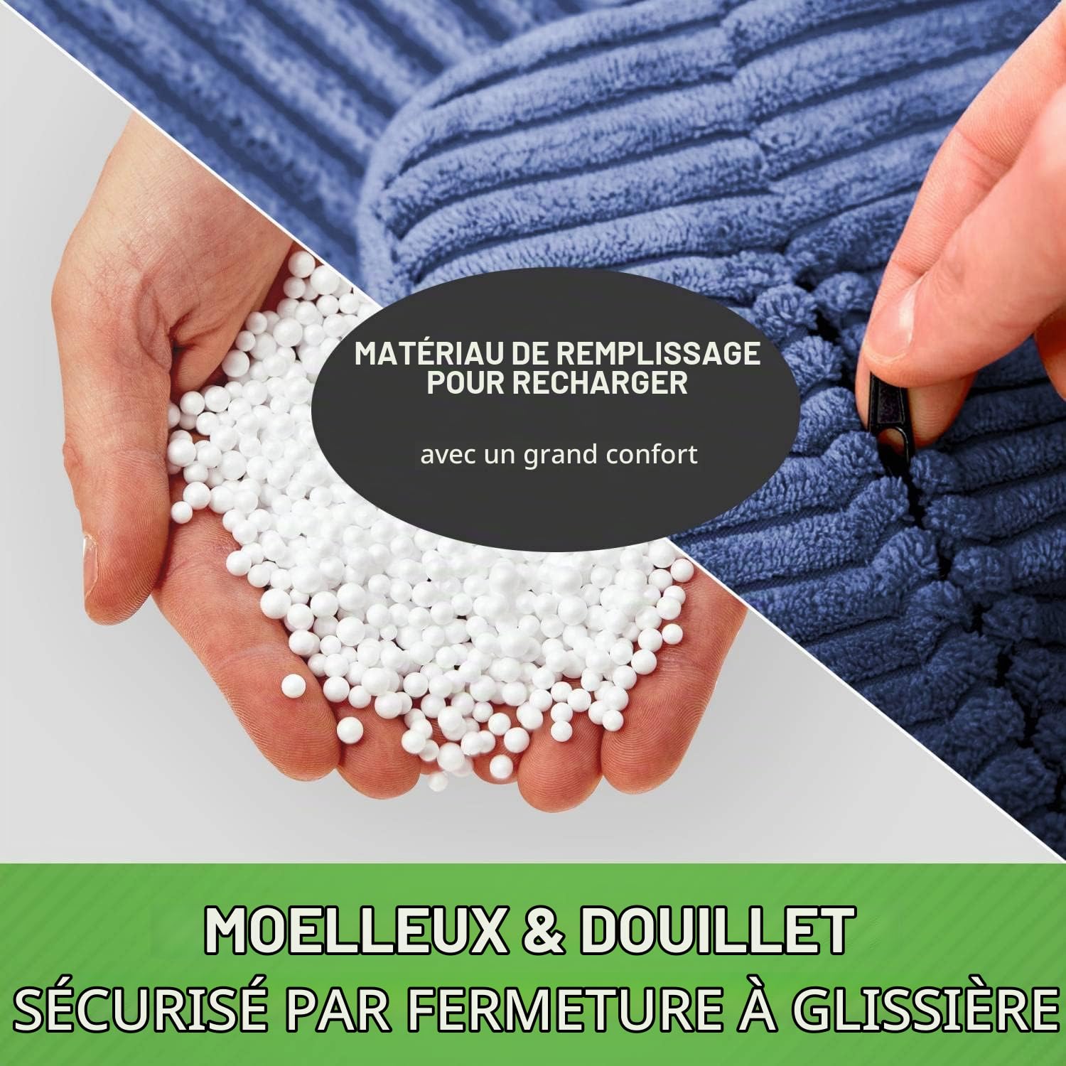 Green Bean© XXL Pouf en Velours Côtelé 370 litres Remplissage de Perles EPS - Doux Moelleux Robuste & Tissu Lavable Coussin de Sol Coussin de Repos Coussin de Siège