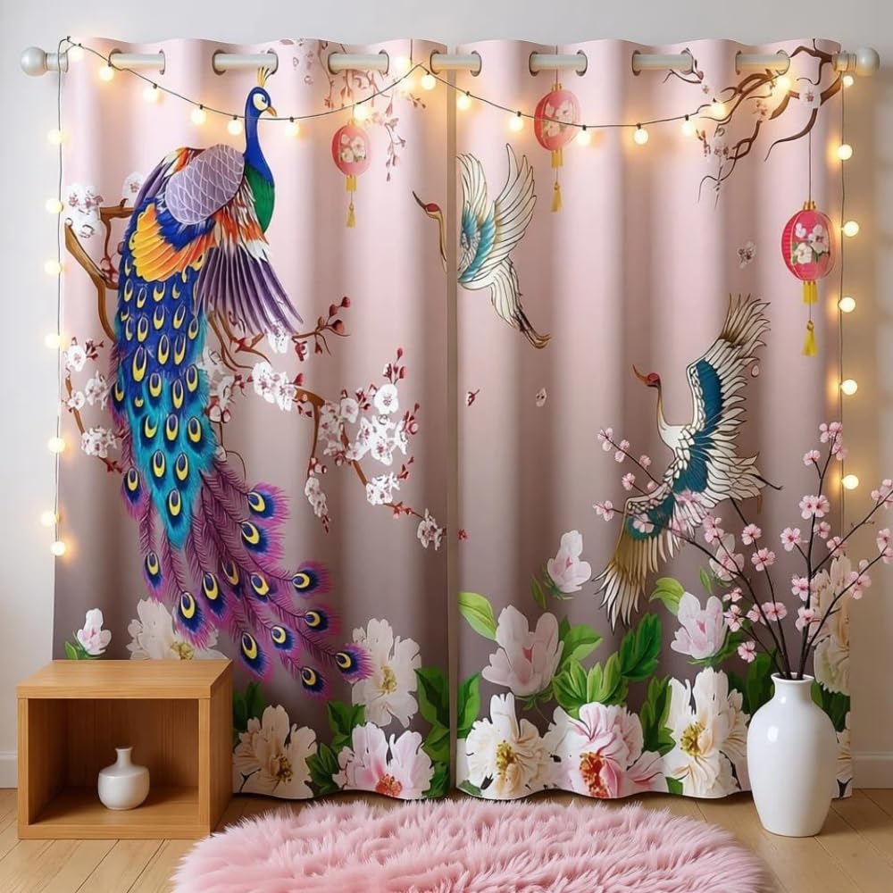 Loussiesd Japanese Style Curtains Girls Women Plum Blossom Window Curtains Crane Peacock Feather Window Curtains Floral Romantic Luxury Theme Curtain Panels,W46*L54 — image 1
