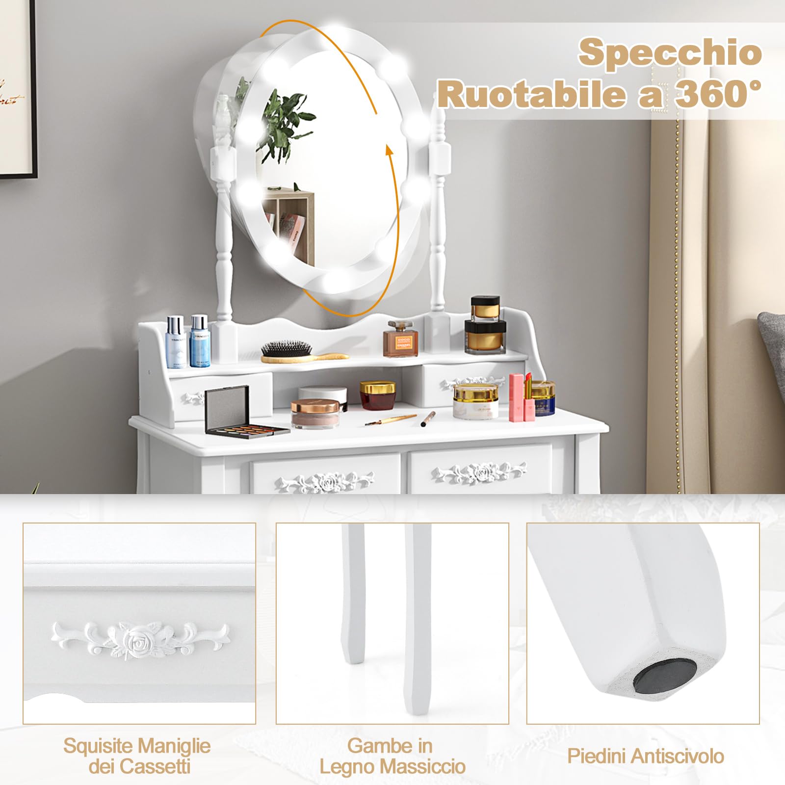 COSTWAY Toeletta da Trucco con 10 Luci LED, Set Tavolo da Trucco con 4 Cassetti e Sgabello, Specchio Girevole 360°, Consolle Toeletta per Soggiorno Camera da Letto, 75 x 40 x 145 cm (Bianco)