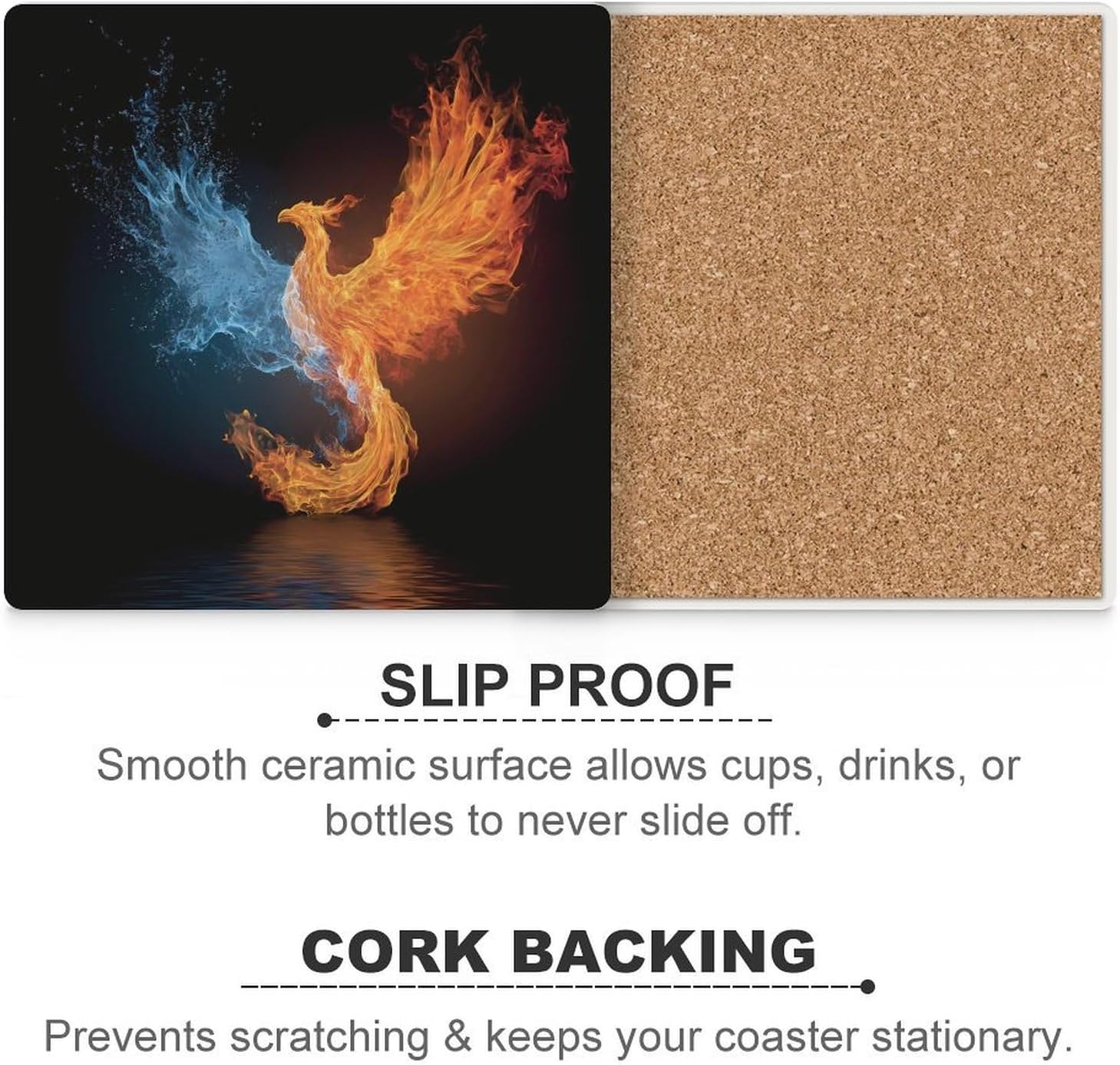 Water Ice and Fire Rising Phoenixsbird Coaster for Drinks Square Ceramic Table Coasters Stone Mat Crafts 6PCS Home Kitchen Decor