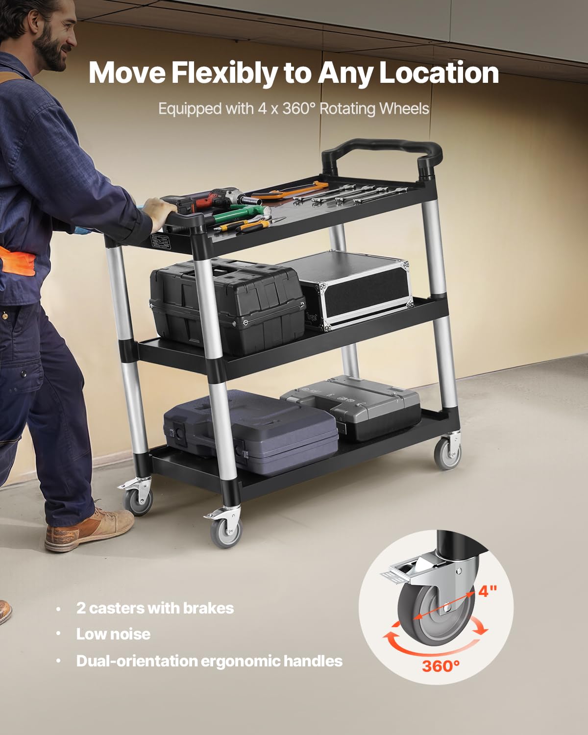 VEVOR Carrello Portavivande, Capacità di Carico 226 kg Carrello per Servizi Alimentari in Plastica a 3 Livelli da 790 x 490 mm con Ruote Girevoli 360° per Magazzino, Ufficio, Casa, Ristorante, Cucina
