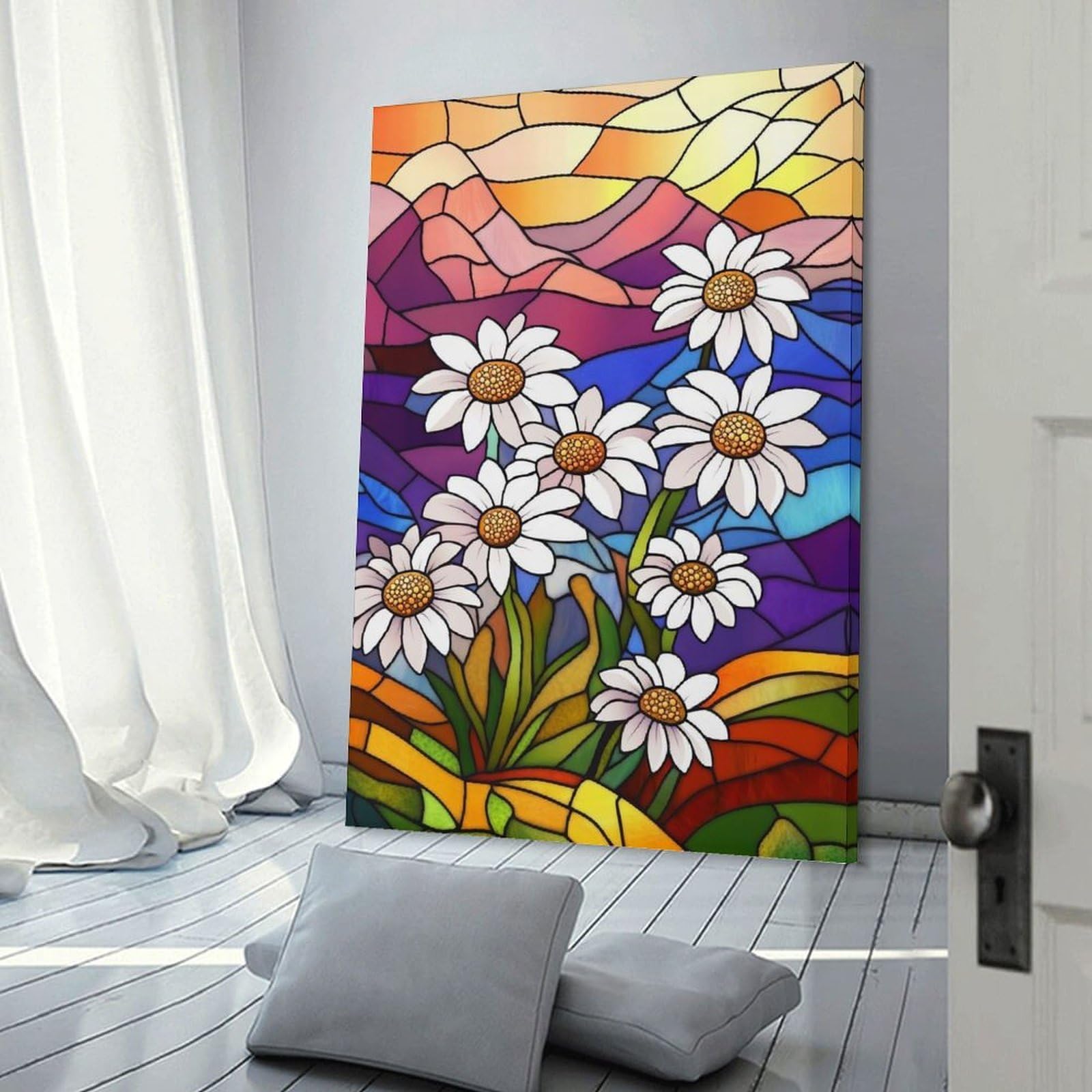 Junmoney Stained Glass Daisies Hanging Wall Art, 20x30inch(50x75cm), for Living Room, Bedroom, Office Or Hallway, Decorative Artwork with Broad Appeal