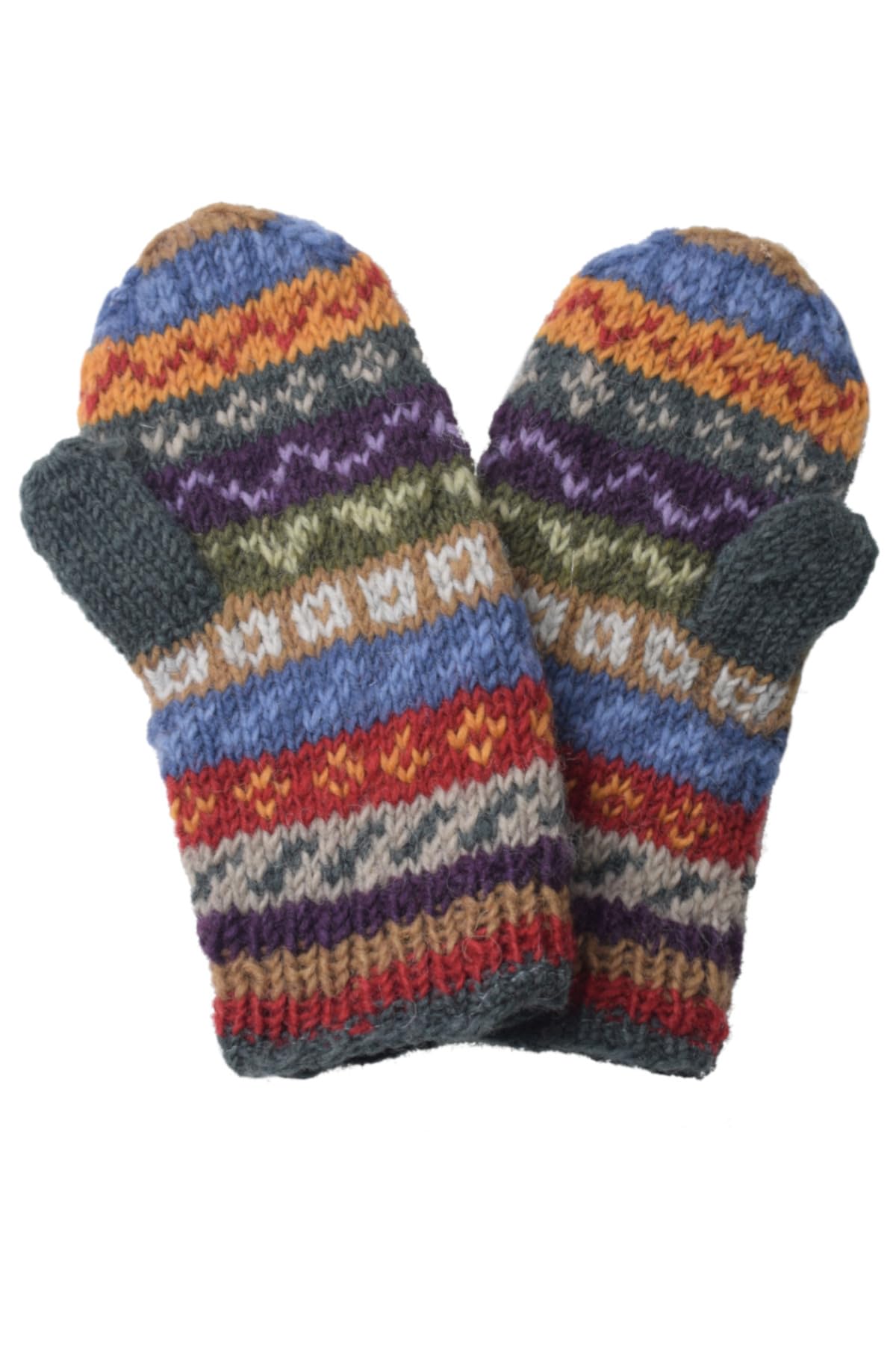 Pachamama Women Wool Mittens Fleece Lined Handknitted Fairisle Green Multicoloured One-Size Handmade Extra Warm Fair Trade