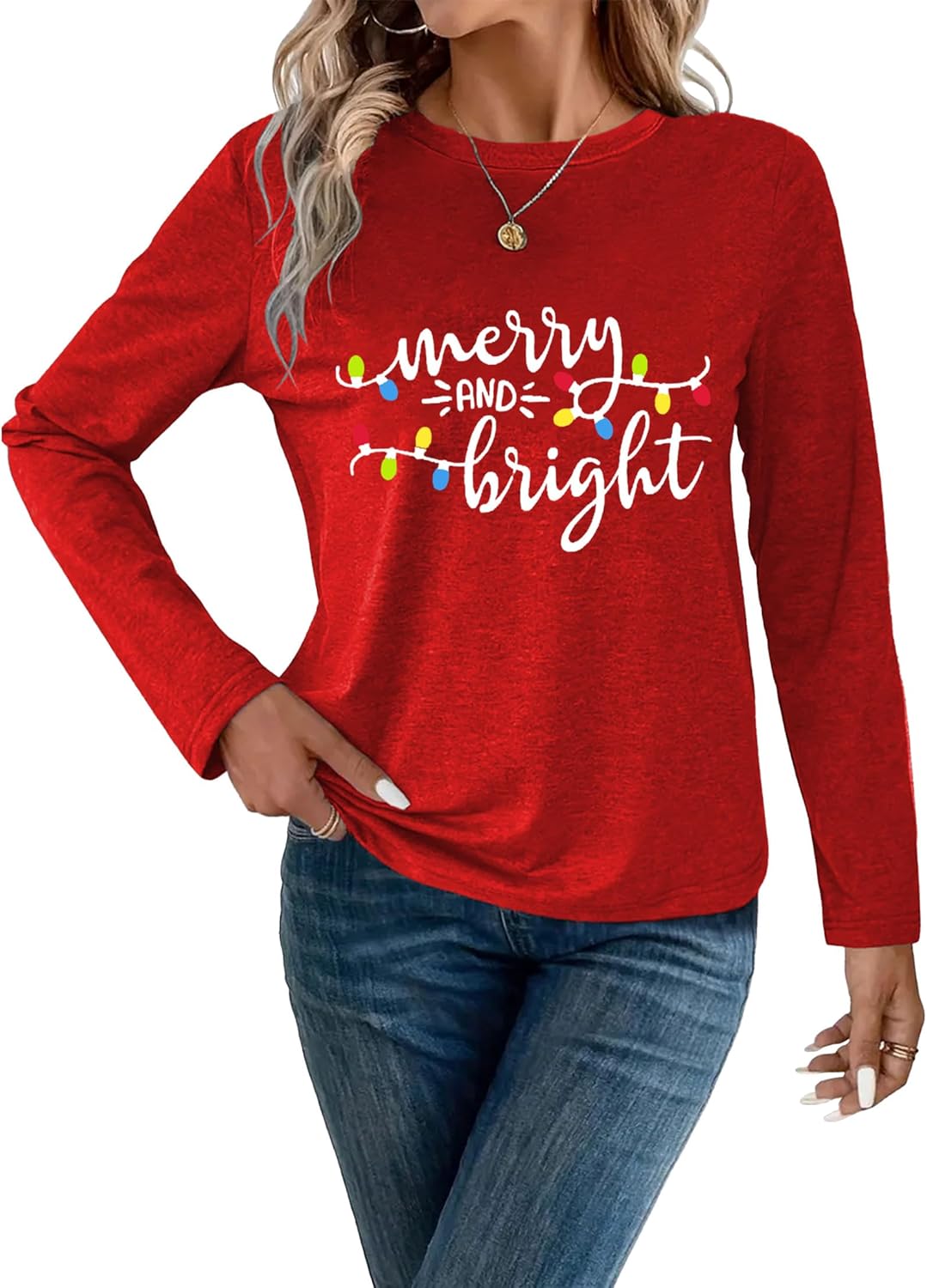 Christmas Shirts for Women:Merry and Bright T Shirt Long Sleeve Xmas Gift Shirts Christmas Vacation Tees - Image 3