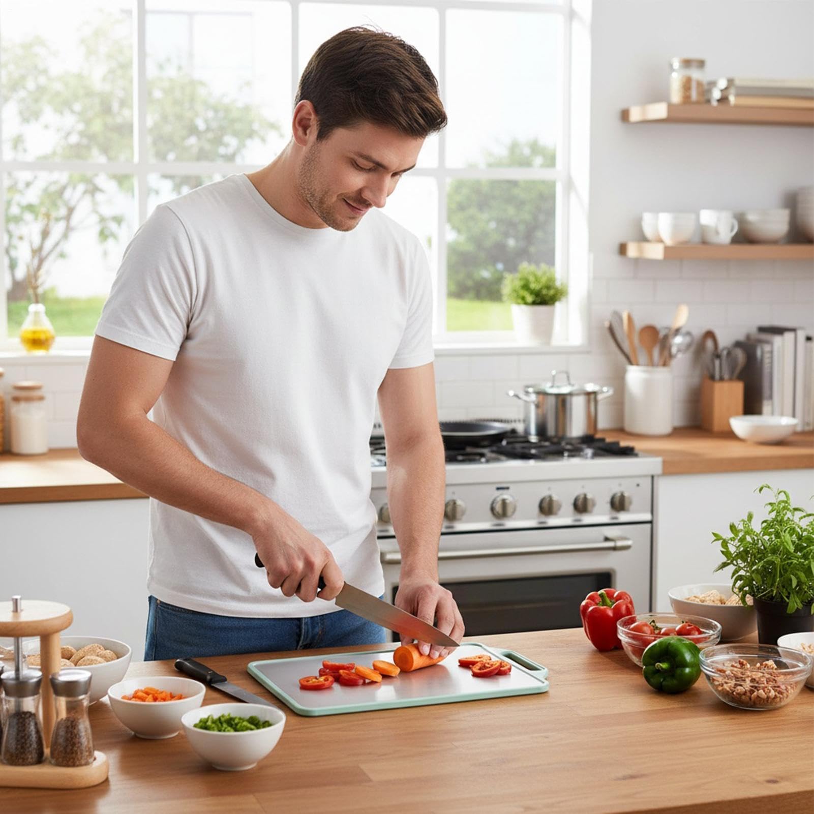 Tagliere in acciaio inox – Tappetino da taglio double-face con manico per la preparazione della cucina, ideale per carne, verdure, pane, campeggio e uso commerciale