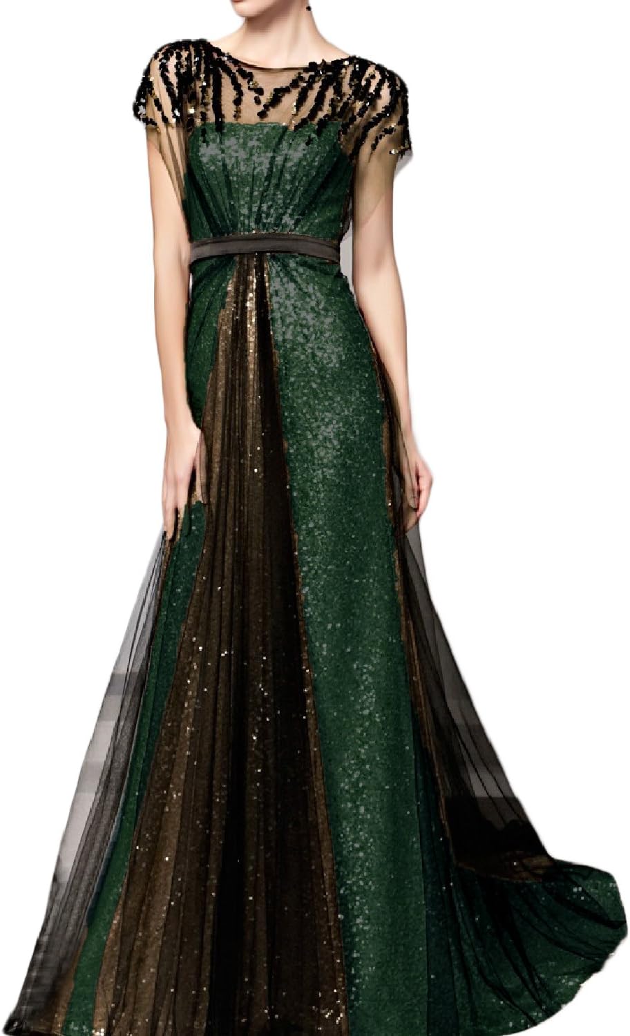 Women's Sparkly Long Formal Prom Dresses 2023 with Sleeves Evening Party Ball Gown Jade Black 12