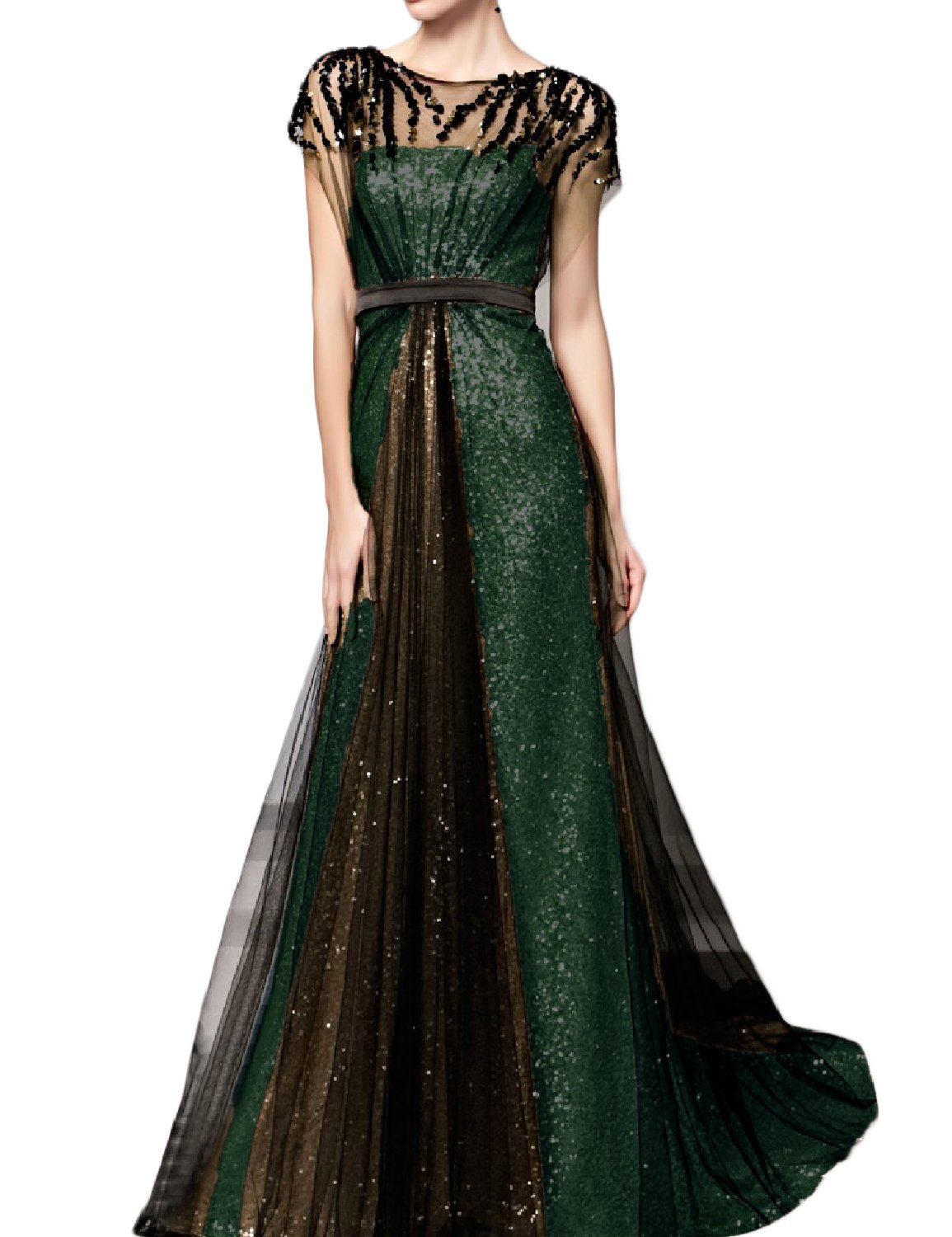 Women's Sparkly Long Formal Prom Dresses 2023 with Sleeves Evening Party Ball Gown Jade Black 12