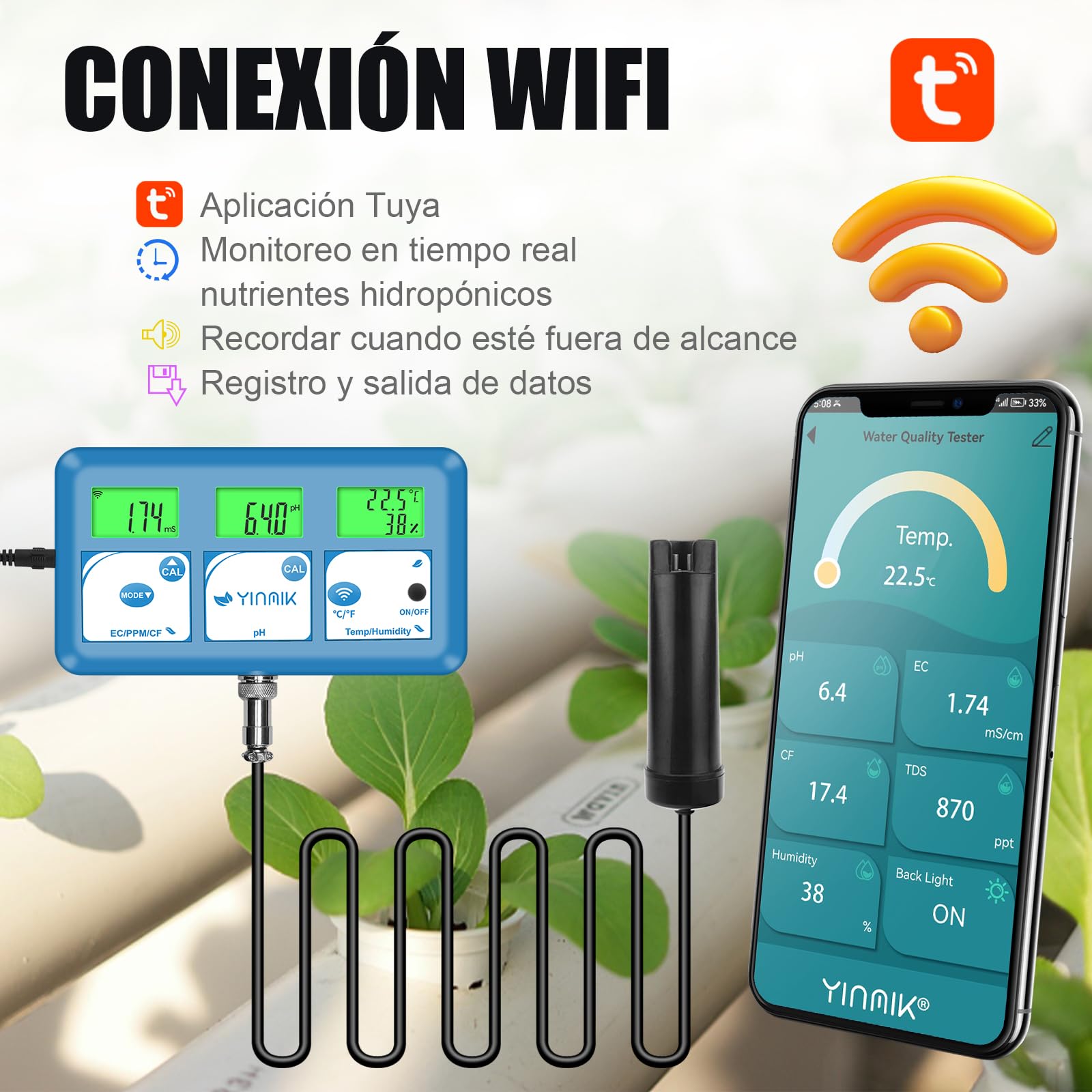 YINMIK Medidor de pH EC Hidroponía Analizador Digital de Calidad de Agua | Medir Temperatura y Humedad Instrumento pH Multifuncional Viene con Solución de Calibración
