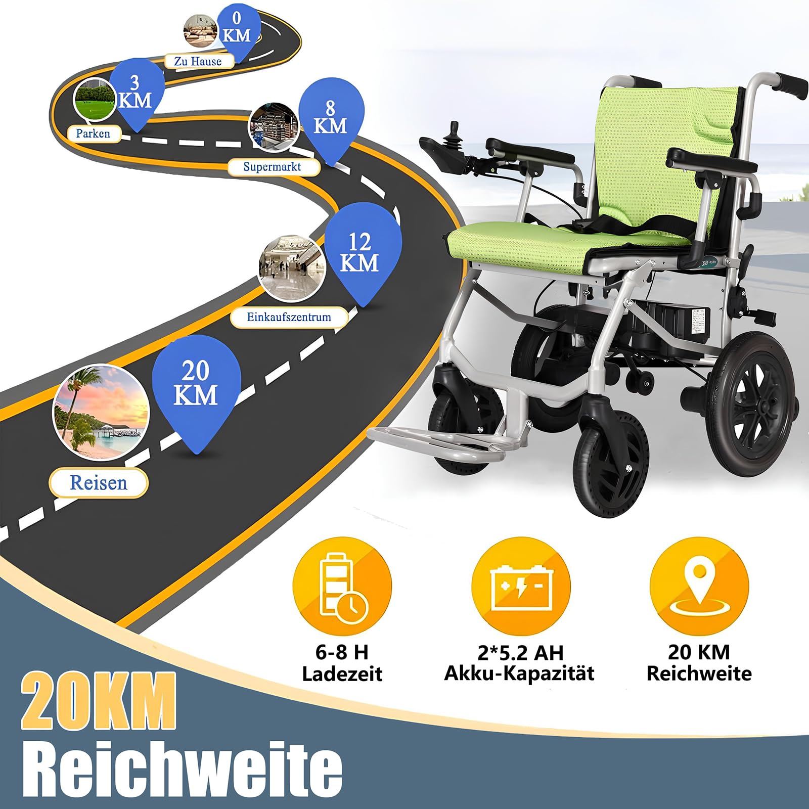 AMITD Elektrischer Rollstuhl Faltbar Leicht Luftfahrt-Zertifizierung 15 kg 20 km bis 120 kg Elektrorollstuhl mit Doppelsteuerung Herausnehmbar Li-Akku Intelligente Bremse, für Indoor Outdoor Reise