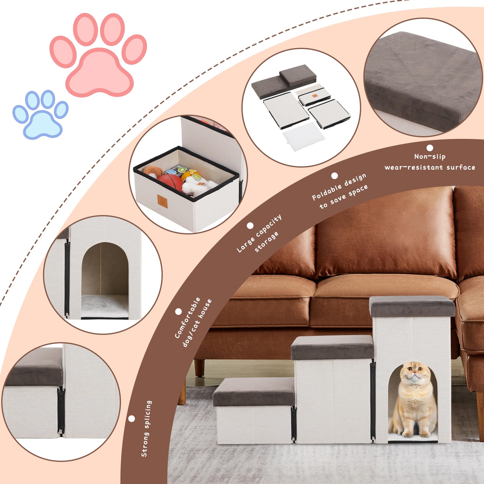 Escalier pliable pour chien avec espace de rangement pour lit, canapé, 44 cm de hauteur pour animal domestique