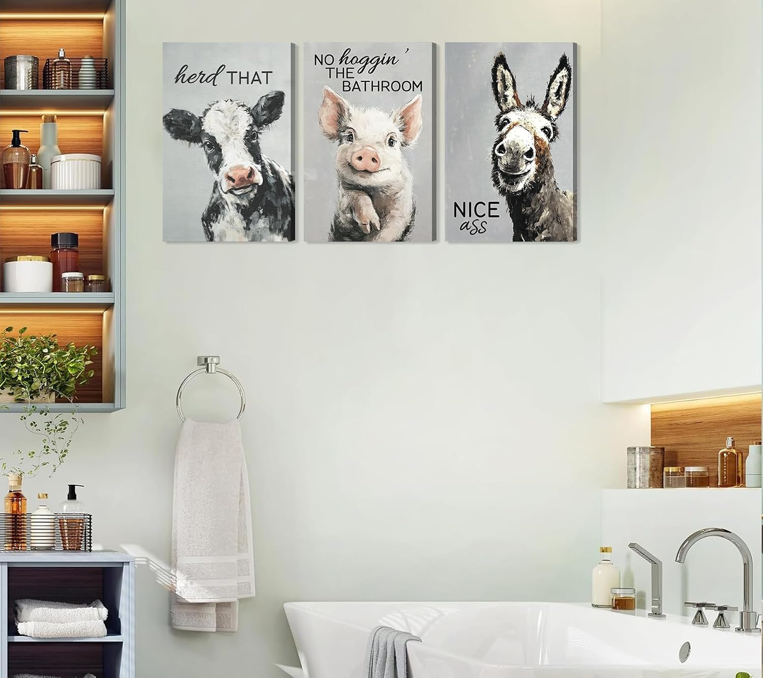 3Pcs Funny Bathroom Animals Wall Art Black and White Animals Posters Artwork Modern Farmhouse Bathroom Painting Pictures Wall Decor for Washroom Home Decoration 12x16In Framed