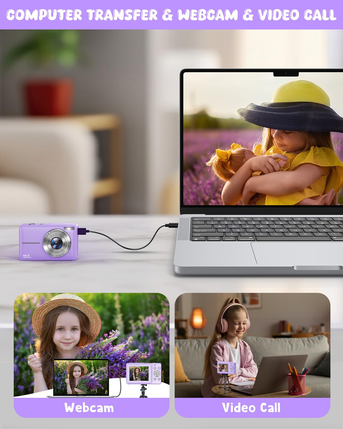 Macchina Fotografica Digitale con Scheda 32GB, 1080P 44MP Fotocamera Digitale Compatta con Zoom Digitale 16X Flash e 2 Batterie, Macchina Fotografica per Bambini, Adulti, Principianti (Viola)