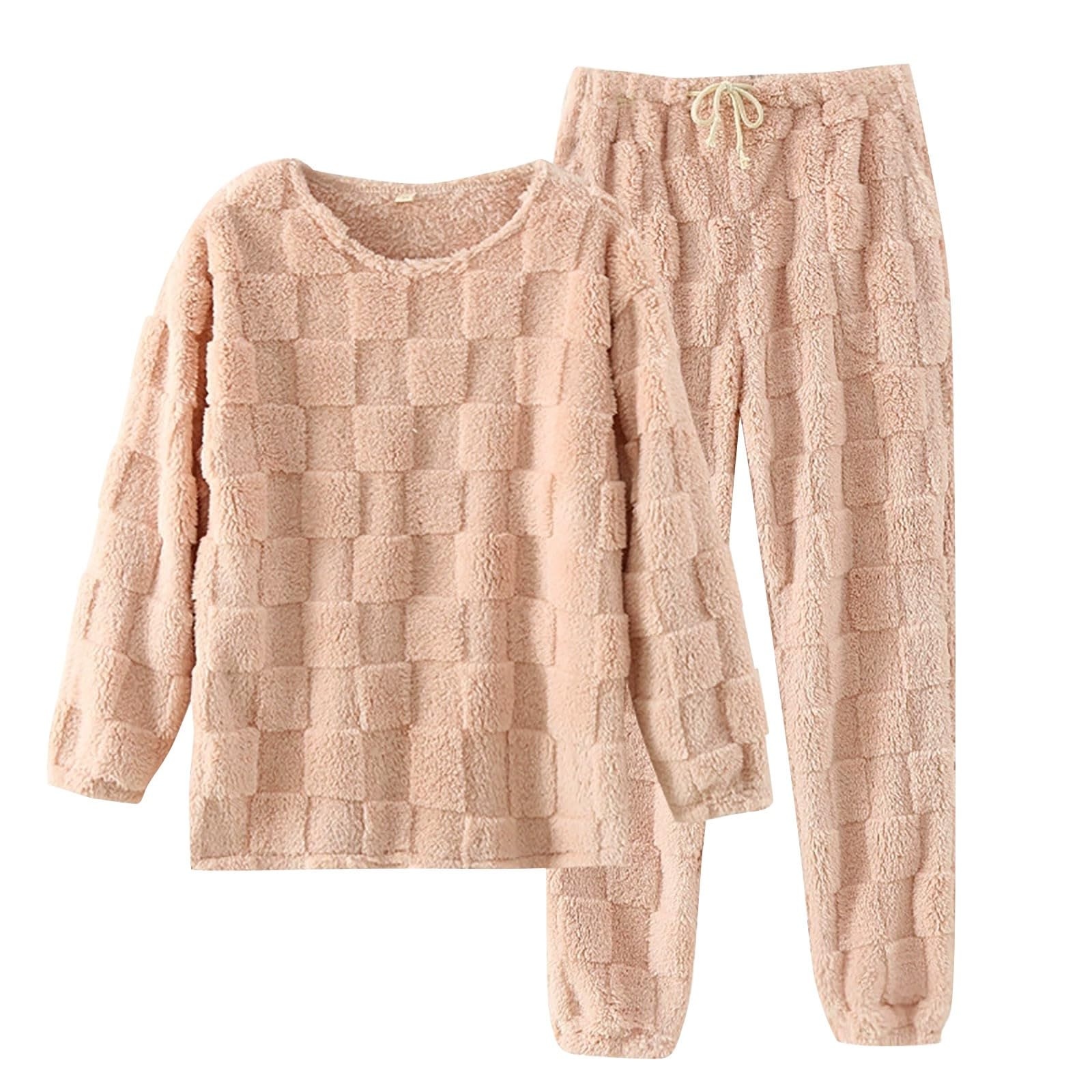 Generisch Pijama de franela para mujer, conjuntos de pijama de felpa mullido, cuello redondo, jersey de manga larga, ropa de salón, holgada, acogedora, juego de invierno, ropa de dormir térmica de dos