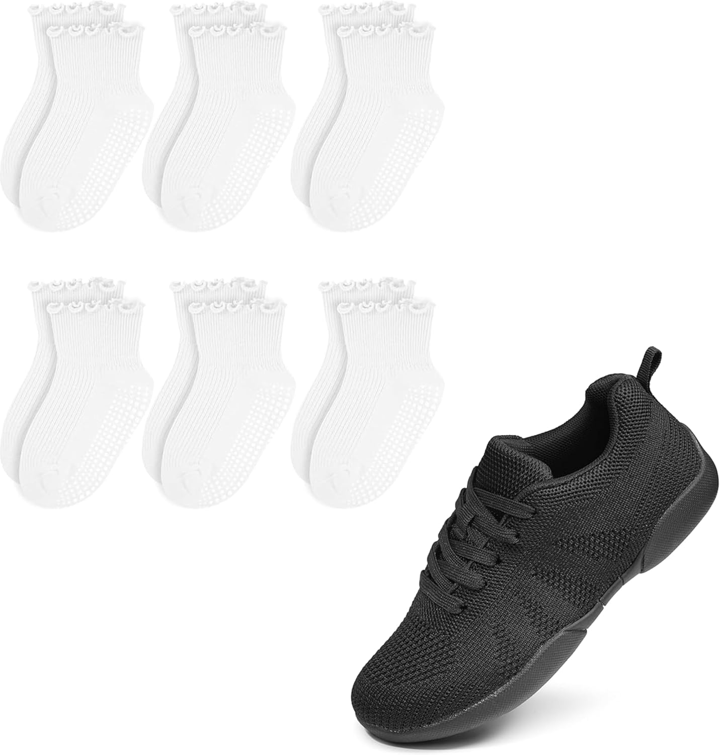 Kids Frilly Ruffle Crew Socks with Girls Cheerleading Shoes 6 Pairs White 5-6 Years & Black Size 11.5 M US Little Kid