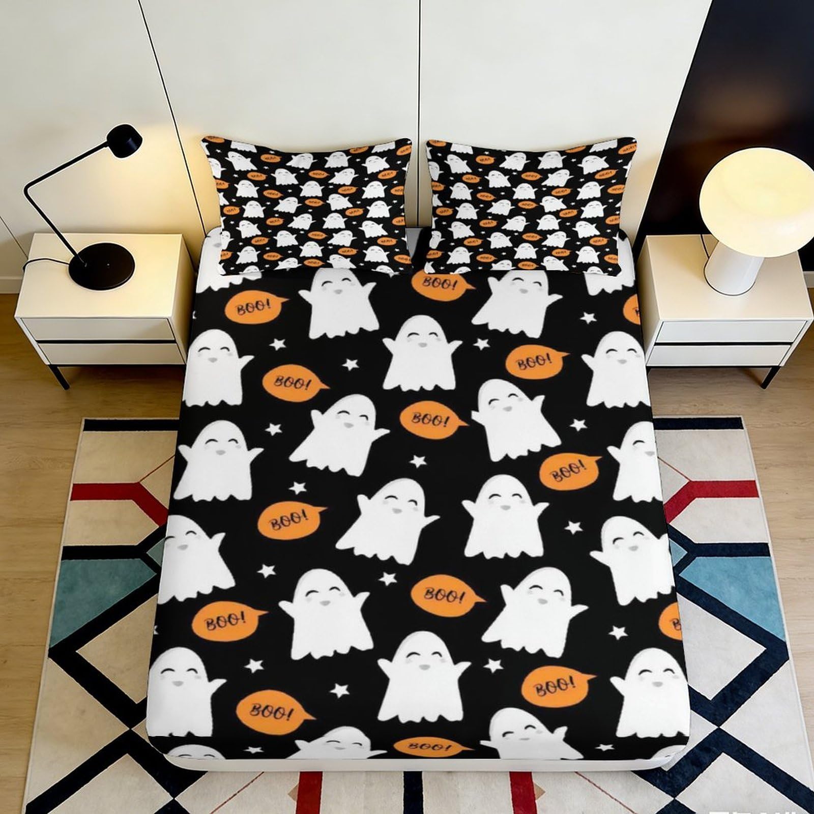 Kzqnxhjprl Style-1 3D Printed Halloween Ghost Fitted Sheet Microfiber Soft Orange Pumpkin Bed Cover For Bedroom Dorm Mattress Decor 90X200x25cm