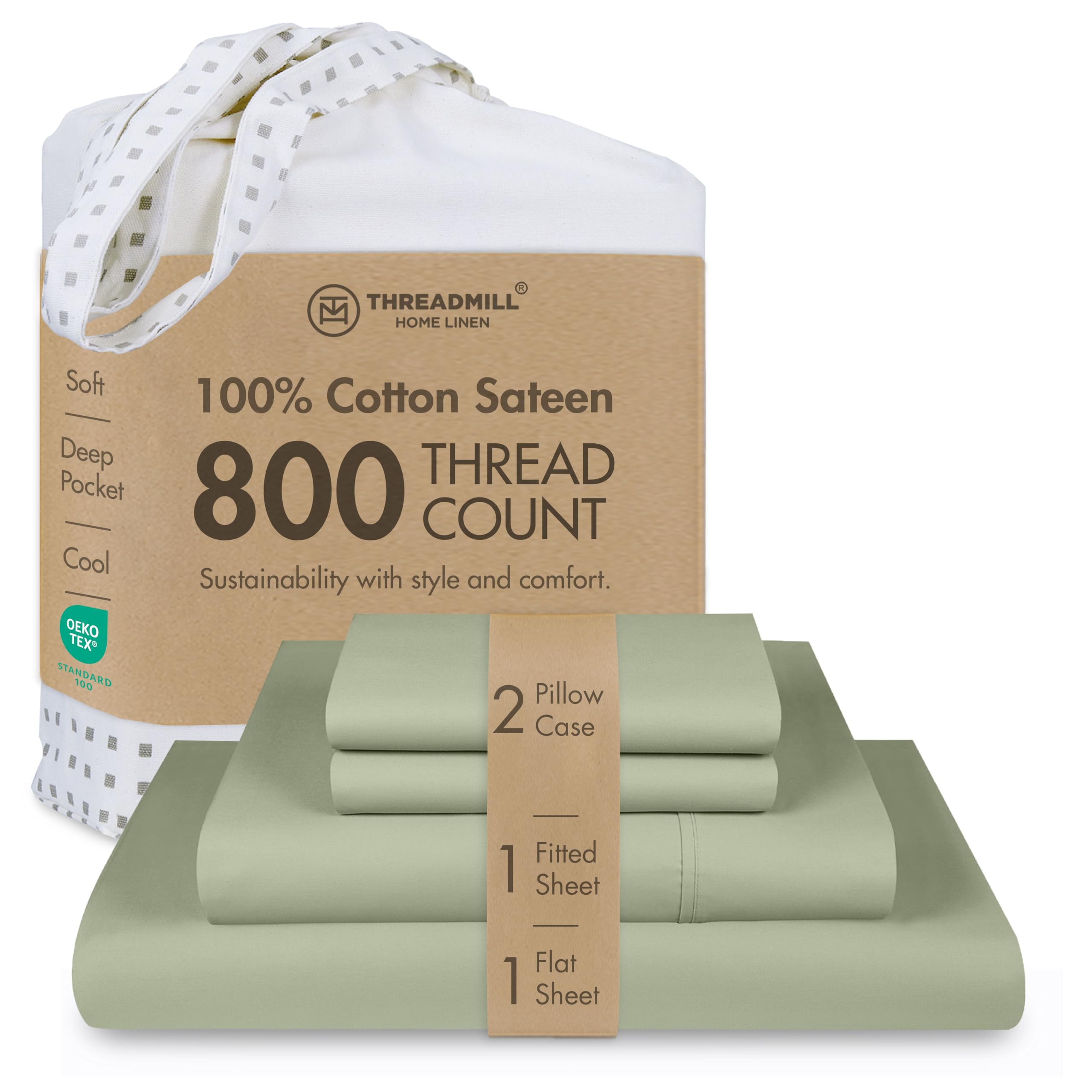 Threadmill Luxury 800 Thread Count King 100% Cotton Sheets - Sage Green Sateen Weave Bed-Sheets, Better Than Egyptian Cotton, 4 Pc Solid Soft Bed Set, Fits 16" Deep Pocket