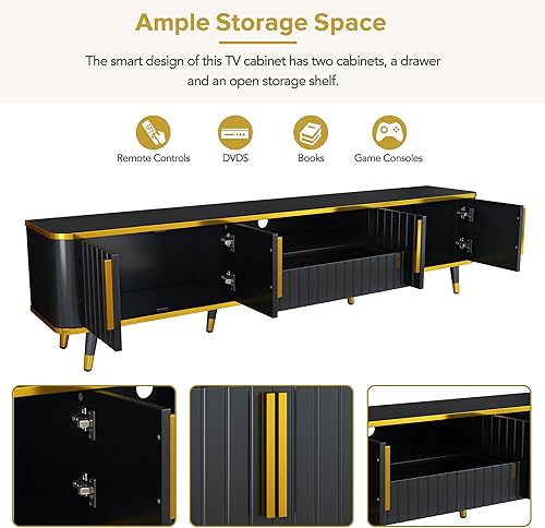 Miniatura 25 de Merax Moderno soporte de TV con patas de metal, asas doradas, líneas geométricas y estantes ajustables para televisores de hasta 80 pulgadas, mesa