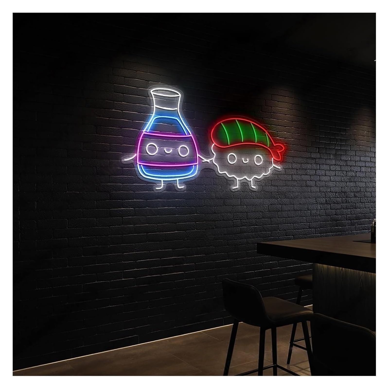 Insegna luminosa al neon per ristorante giapponese con sushi e salsa di soia, 51 cm