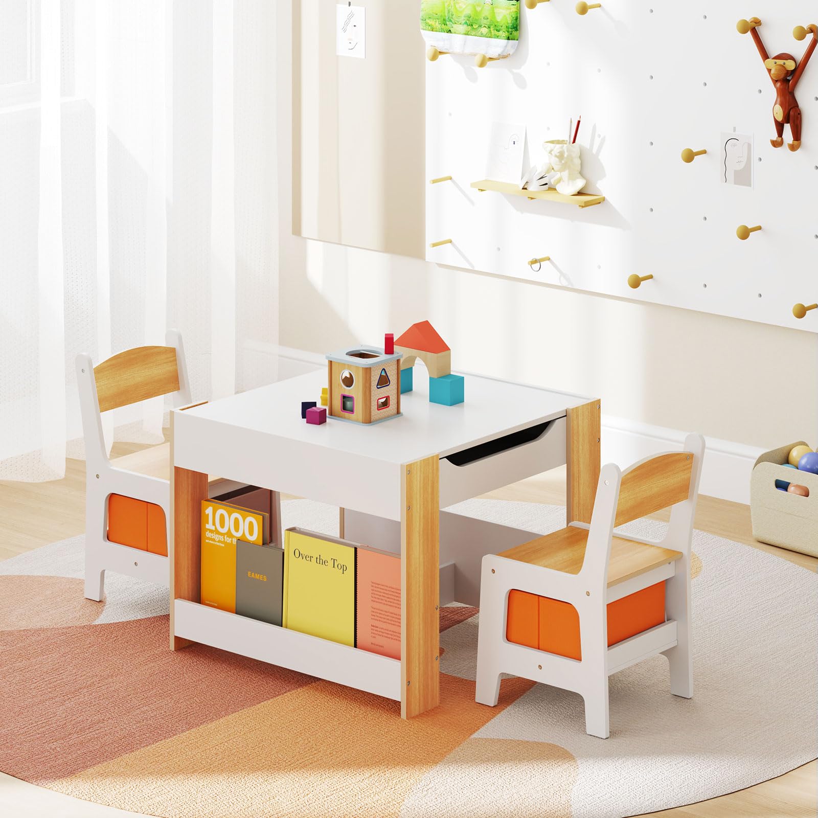 GOPLUS Table Enfant avec 2 Chaises, 4 en 1 Table de Dessin avec Plateau Réversible et Tableau Noir, Bureau Enfant avec Rangement Amovible, Étagères (Naturel)