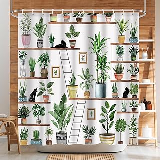 Boho Botanical Shower Curtain - Watercolor Green Indoor Plant Shelf Bathroom Decor with Black Cats - Nature-Inspired Fabric Curtain with Hooks - 72x72 inches, Machine Washable - Buy now