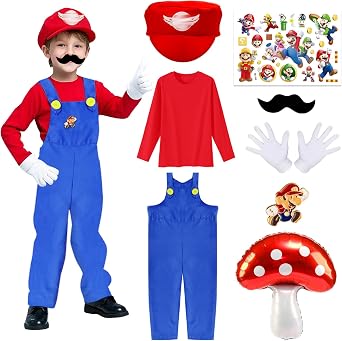 Kitimi Super Bro Costume Kids, Super Workman Fancy Dress Costume Set, Kids Plumber Costumes with Red Top Dungarees Hat Mustaches Gloves Brooch, Carnival Halloween Cosplay Costumes for Boys and Girls