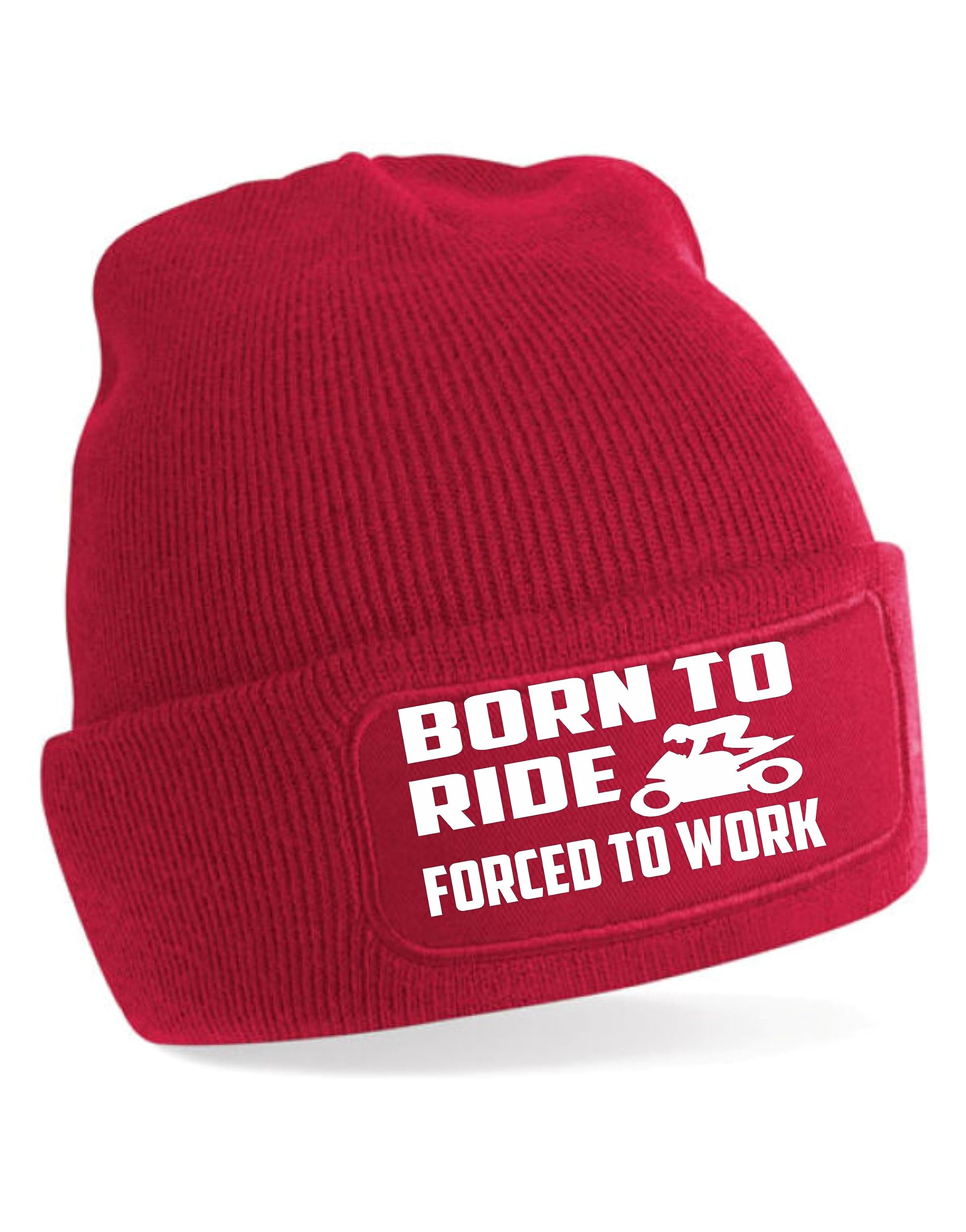 Print4U Born to Ride Forced to Work Beanie Hat Bikers for Men & Ladies Red
