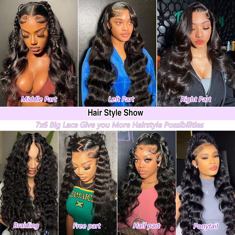 7x6 Body Wave Glueless Wigs Human Hair Pre Plucked Pre Cut 250% Density Drawstring Wig Human hair 7x6 HD Lace Front Wigs Human Hair for Black Women Pre Everything Ready to Go Wig 32inch