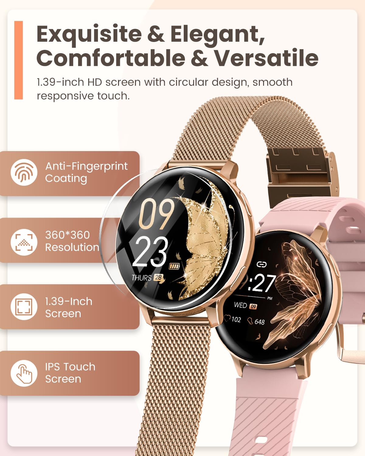 Sanorum Smartwatch Donna, 1.39" Orologio Smartwatch con Chiamate, Fisiologia Femminile, 24H Cardiofrequenzimetro SpO2, Sonno, 120+ Sport, Notifiche, Smart Watch Fitness per iOS Android Oro Rosa