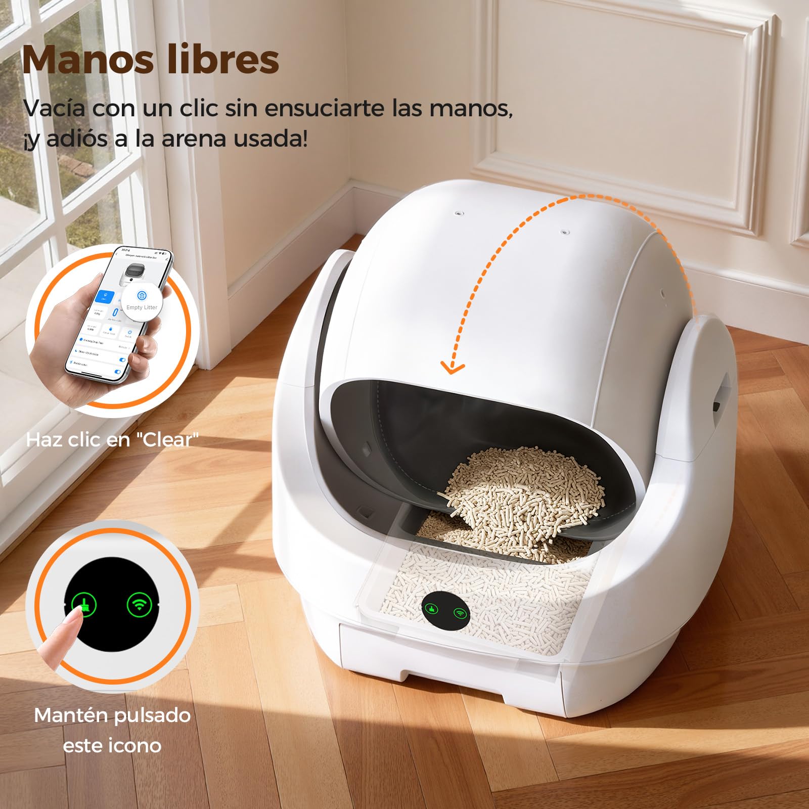 Arenero Gatos Autolimpiable Abierto, Ellenpent Caja de Arena Automática | Sin Olores e Higiénico, Capacidad Grande, Control por App, Seguro, Limpieza Rápida, Adecuado para Hogares con Varios Gatos
