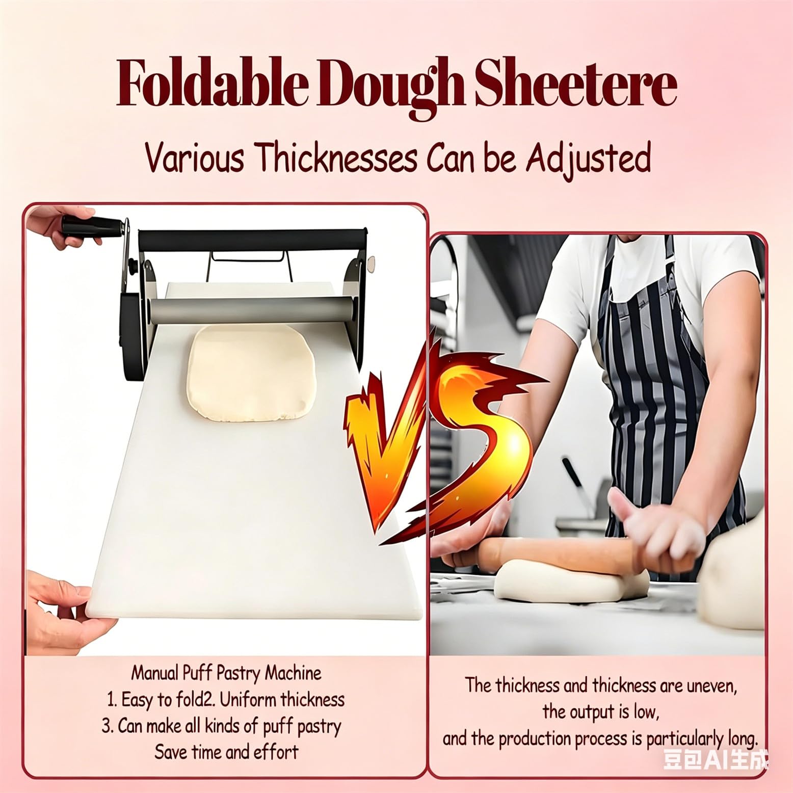 Sfogliatrice manuale pieghevole per pasticceria e pizza, spessore regolabile 0,5-17,5 mm, 40 x 90 cm, ideale per croissant e pasticceria