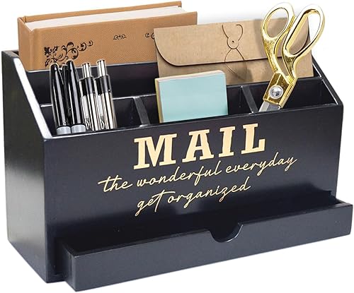 Miniatura 5 de Soporte rústico de madera negro para almacenamiento de correo con cajón y compartimentos, accesorios de escritorio de oficina y organizadores de