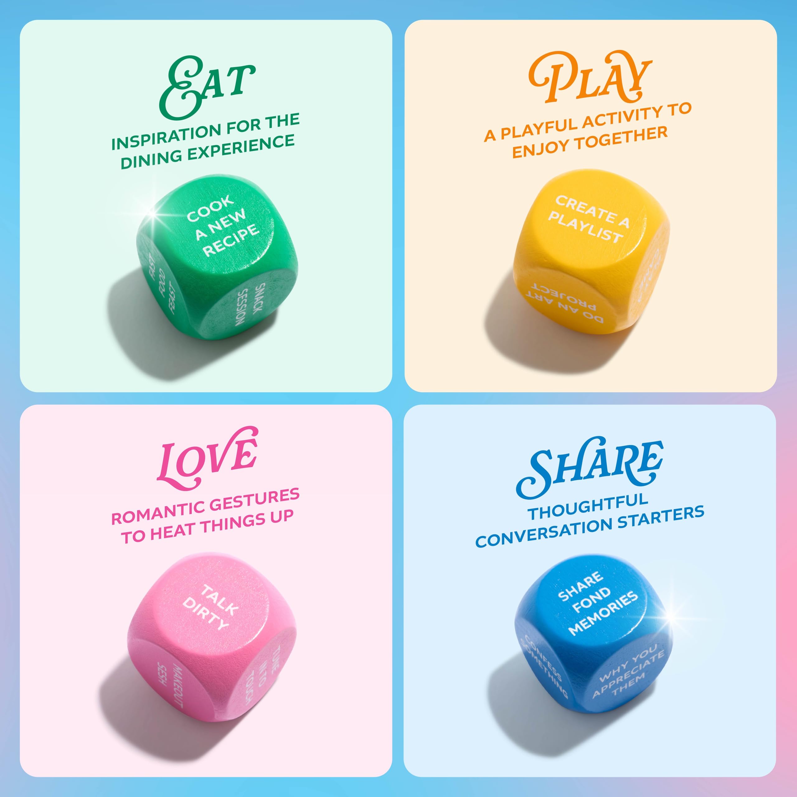 Let's Get Deep® Relatable Dados para Noches en Pareja y Citas nocturnas, más de 200 Ideas únicas, Regalo para Parejas y Bodas, Incluye 4 Dados Personalizados e Instrucciones, para Mayores de 18 años