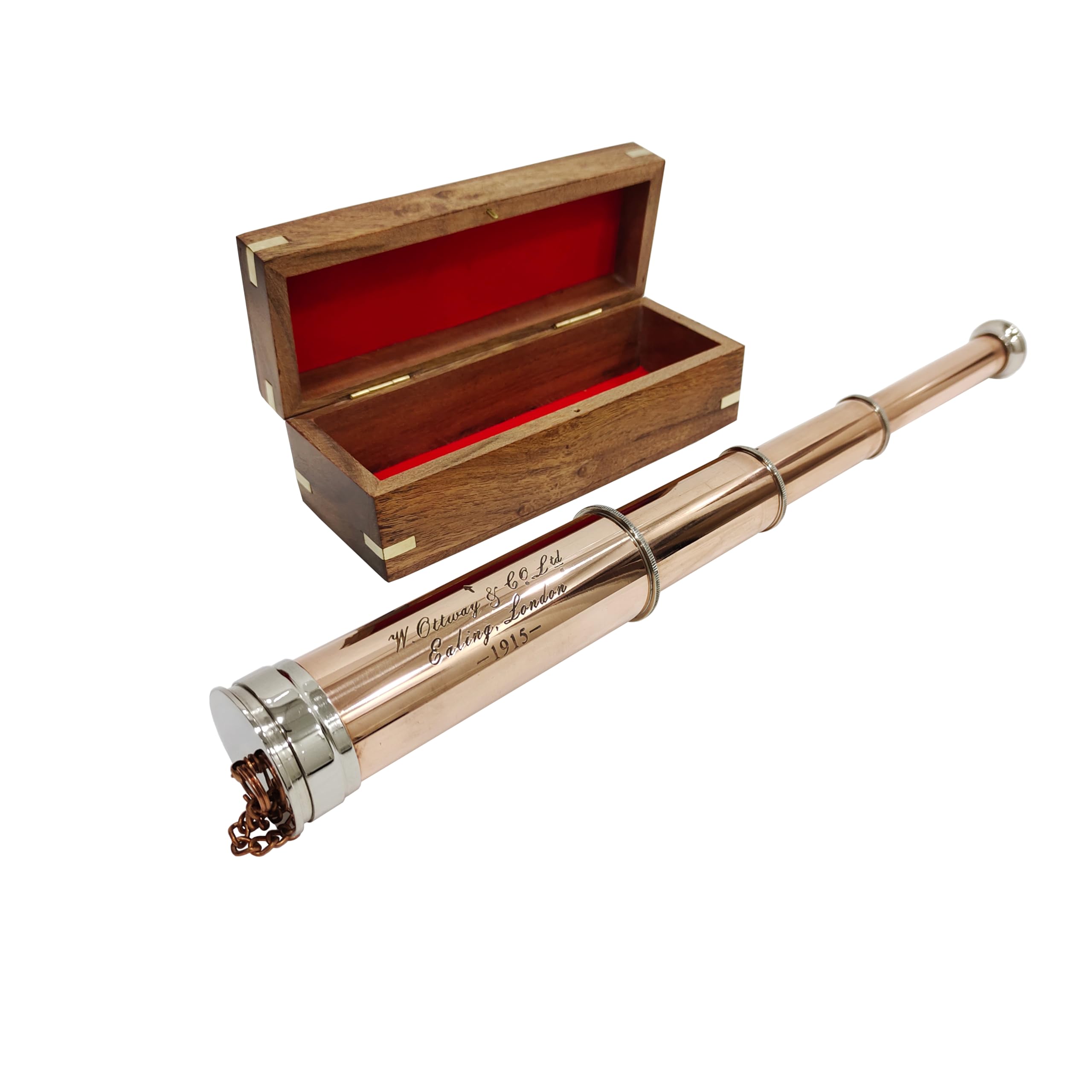 Vintage Spyglass 1915 Marine Telescope | Copper/Chrome Finish Antique Style | with Wooden Box Decor | Nautical Gifts and Home Decor