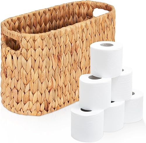 Wicker Toilet Paper Holder Stand, 6 Rolls Wicker Toilet Paper Storage Basket for Bathroom, Natural Water Hyacinth Storage Baskets with Handles