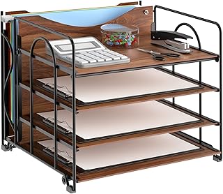 LUCYCAZ File Organizer, 4 Tier Wooden and Metal Paper Tray for Hanging File Folders Letter Size and A4 Size, Desk Organize...