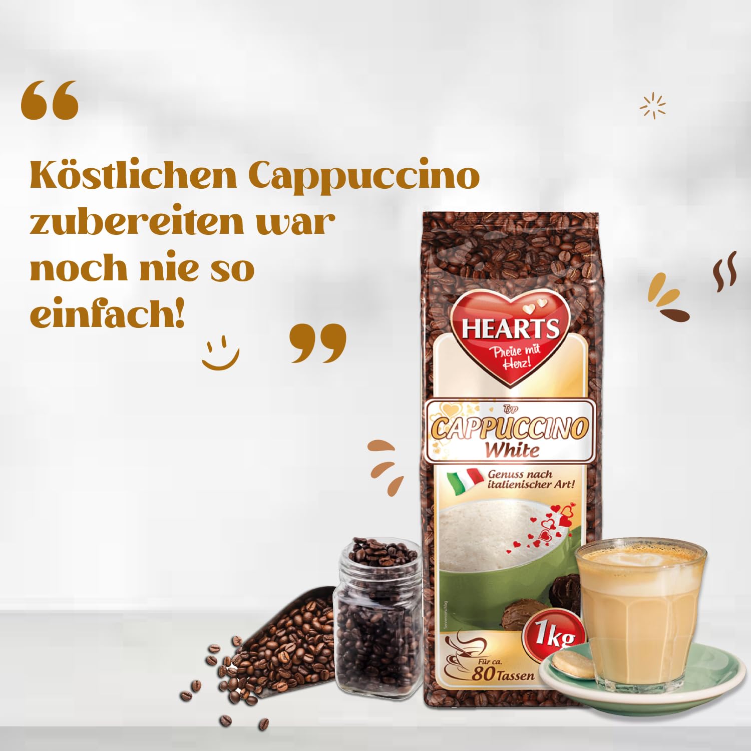 HEART's Cappuccino White Line, 5 x 1kg proszku do kawy instant, intensywny aromat, rozpuszczalny, mleczny, kremowy o smaku waniliowym, opakowanie zapasowe 5 sztuk, wystarcza na 400 filiżanek