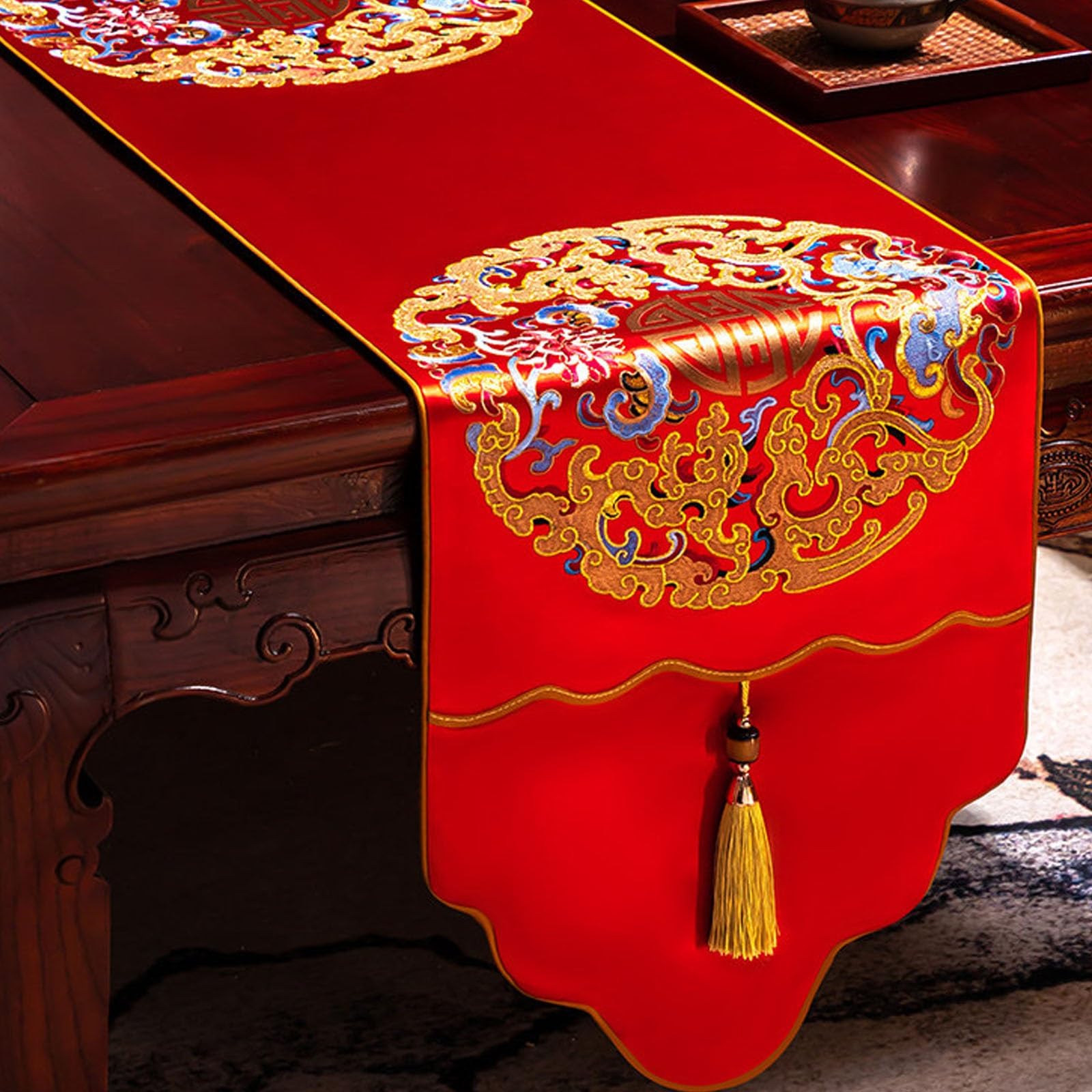 Vintage Chinese Satin Table Runner, Embroidered Fu with Tassels, Rustic Home Decor Scarf for Dining Table Tea Cabinet Dresser(Red,220cm/86.6in)
