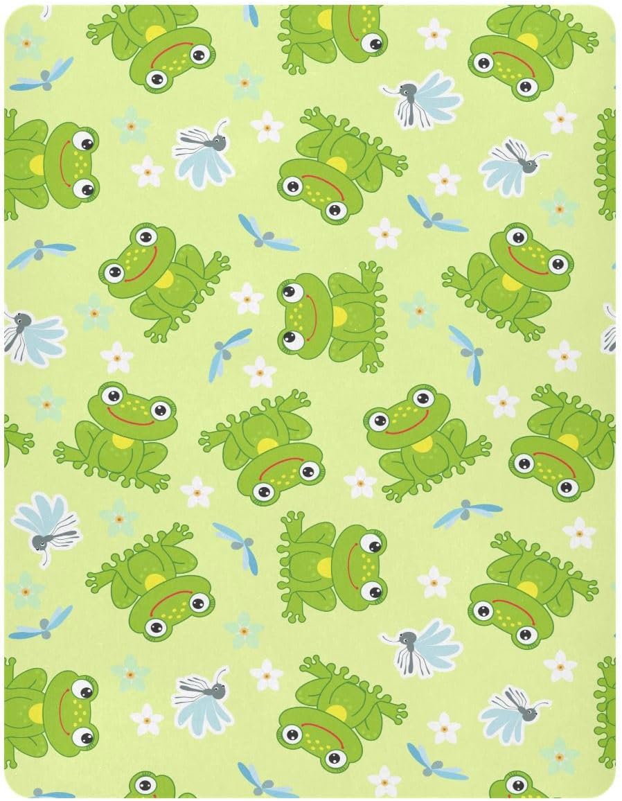 Fitted Crib Sheets Frogs and Dragonfly Stretchy Portable Playard Sheets for Baby Toddler, Breathable Soft Mini Crib Mattress 52 x 28 in for Boys and Girls