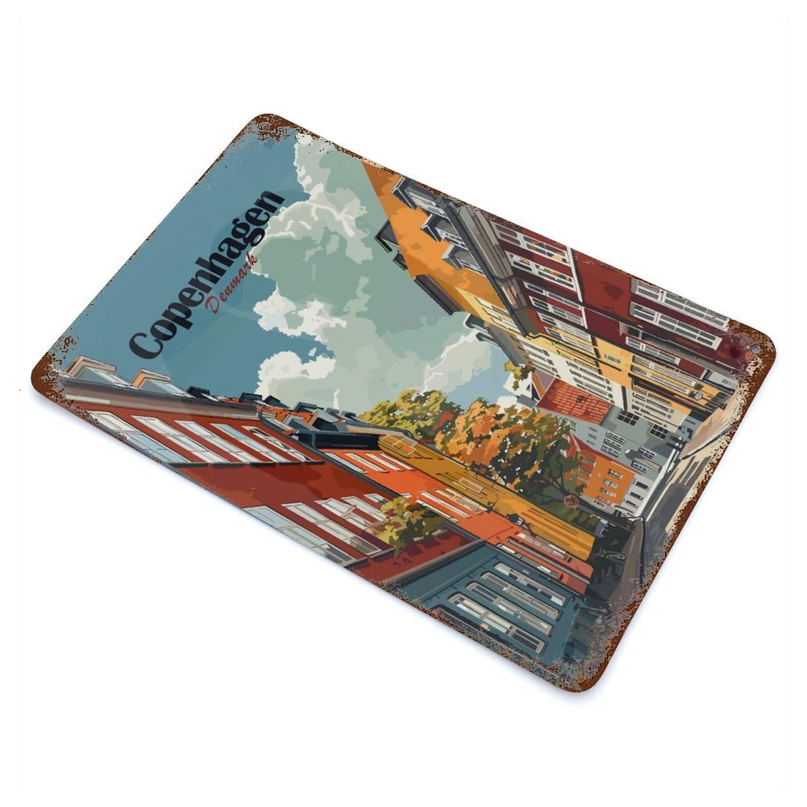 Aged Metal Wall Plaque with Copenhagen Denmark Cityscape Art Print Design 11.8"x7.9", for Farmhouse, Kitchen And Entryway Decor, Retro Wall Decor