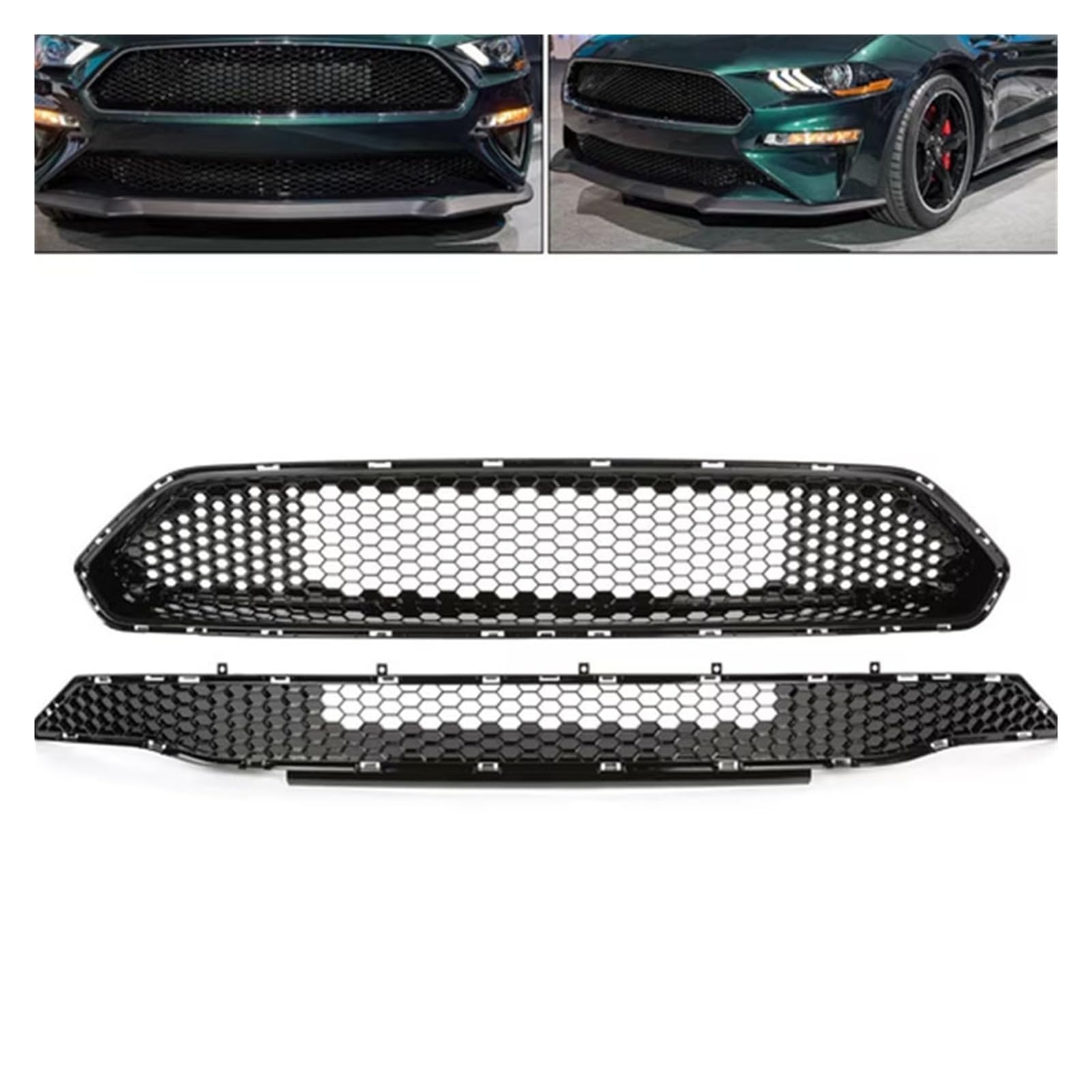 Pasuje do kratki Ford Mustang 2018-2019 | Zestaw grilla górnego/dolnego przedniego zderzaka, czarna siatka o strukturze plastra miodu(Upper Lower Set)