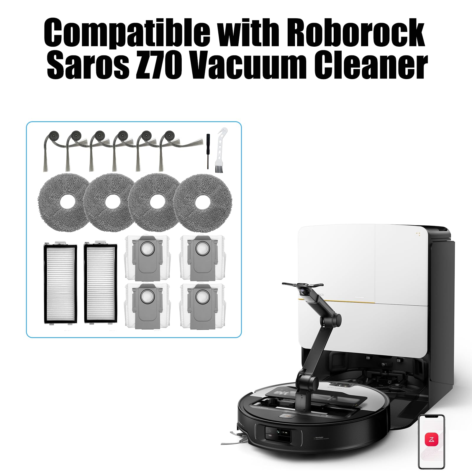 18Pcs Vacuum Replacement Part for Roborock Saros Z70 Sweeping Robot, 2 HEPA Filter 4 Mop Pad 4 Dust Bag 6 Side Brush 2 Cleaning Tool