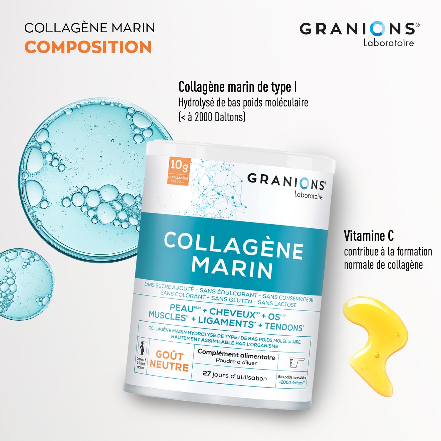 COLLAGENE MARIN Poudre - Saveur Neutre - GRANIONS Collagène N°1 en Pharmacies - 10 g Par Jour - Vitamine C et Collagene Articulations - Collagene Poudre - 27 jours