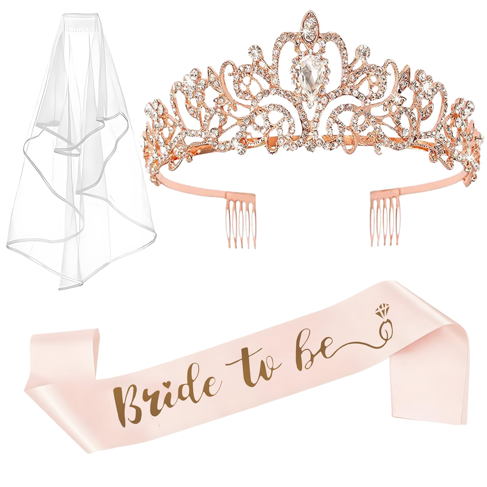 Bride to Be Sash and Veil Szarfy dla panny młodej Welon z grzebieniem Opaska dla panny młodej Tiara na wieczór panieński Różowe złoto Dekoracje ślubne