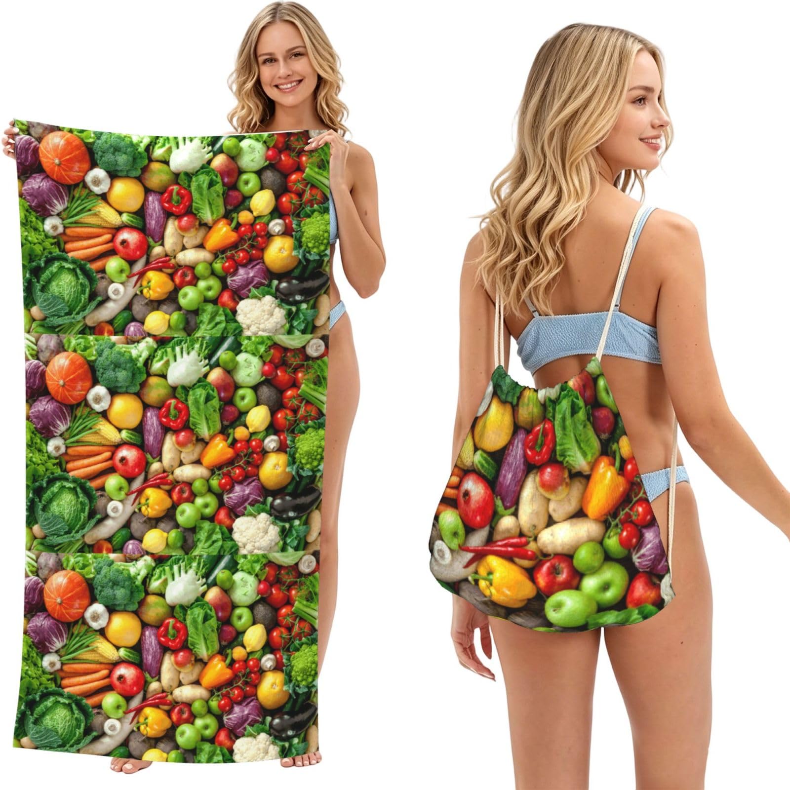 Poadnly As Picture Fresh Fruits And Vegetables Printed, 2 In 1 Packable Towel Bag, Beach Towels With Drawstring Backpack For Travel Holiday Camping