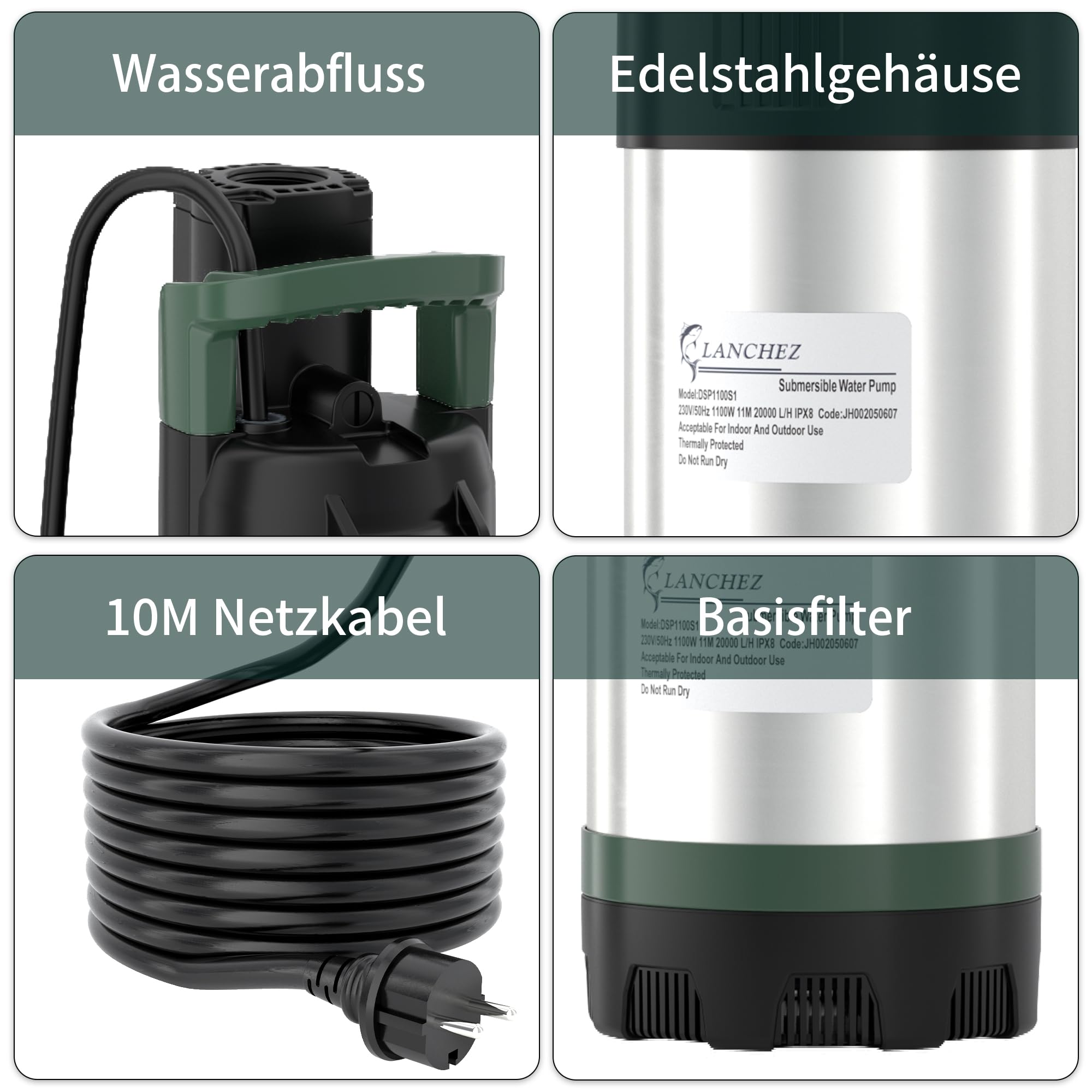 LANCHEZ Tauch-Druckpumpe 4 inox, 1100W Tauchdruckpumpe