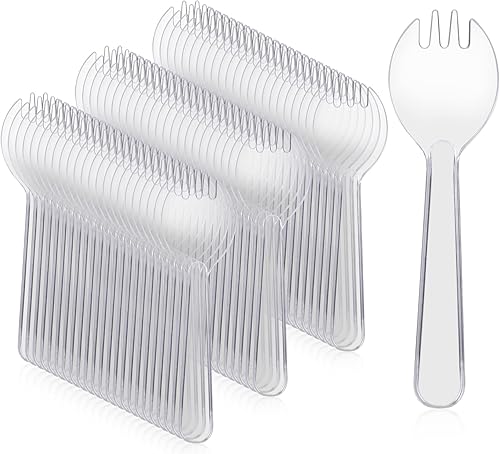 Spork - 100 tenedores desechables pequeños envueltos individualmente, mini cucharas de plástico transparente, utensilios desechables para postres,